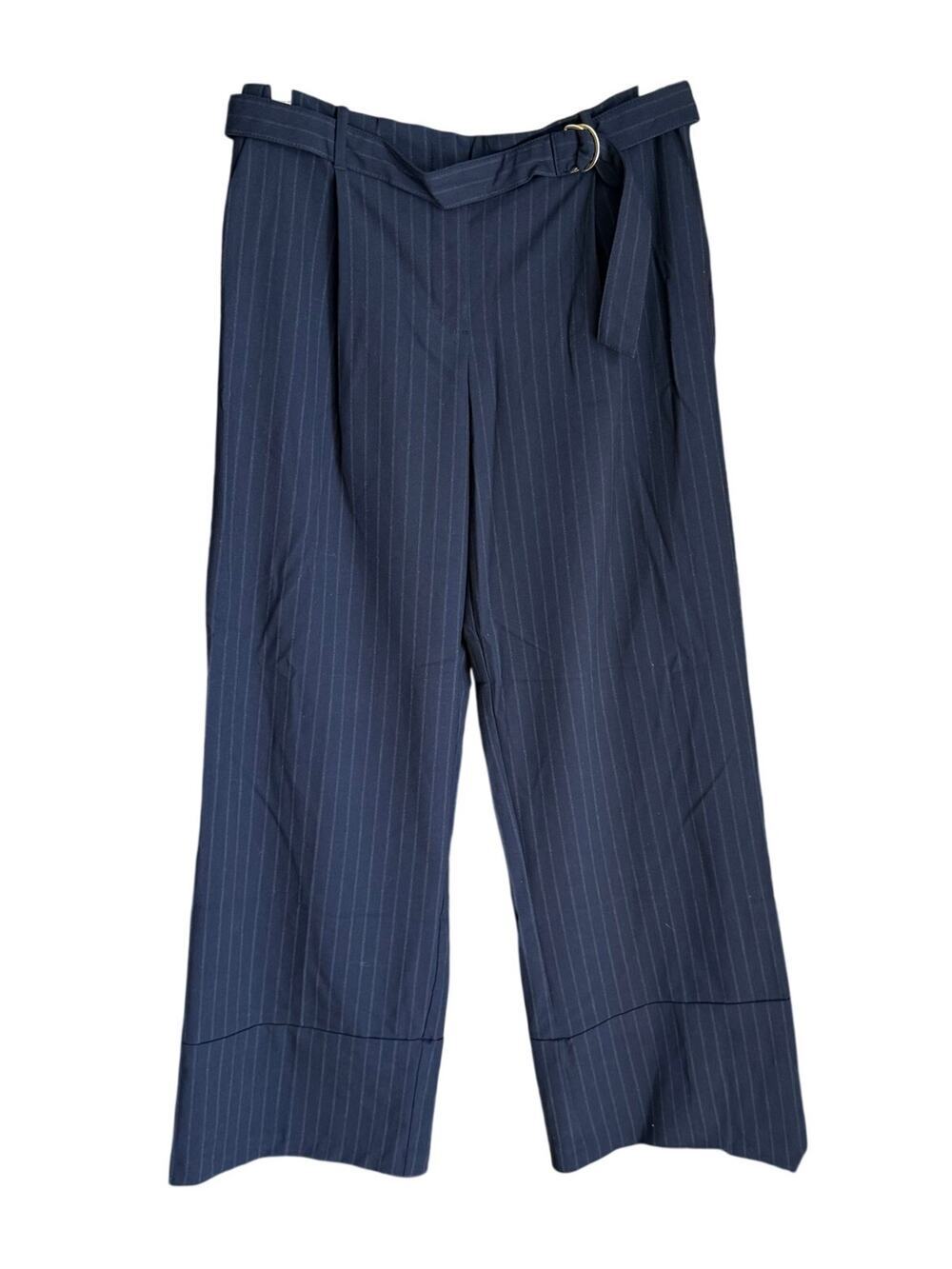 Zara Navy Blue Pinstripe Pleated Wide Leg Trouser Pants Sz L Classic Preppy Chic